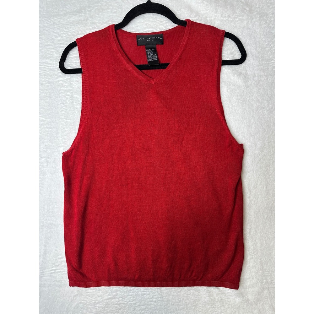 August Silk Sweater Vest Women XL Red 100% Silk V-Neck Sleeveless Knit